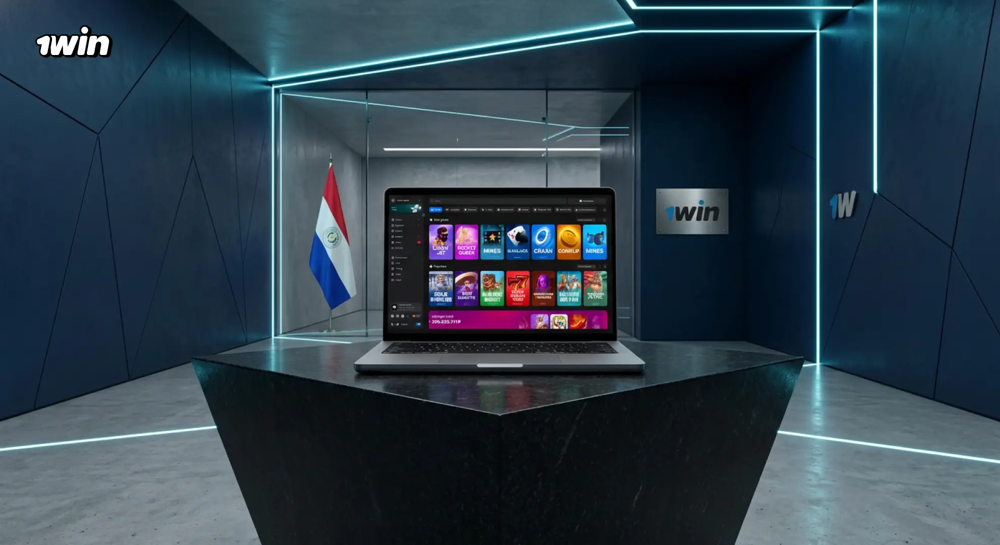 Plataforma 1win mostrada en notebook junto a la bandera de Paraguay